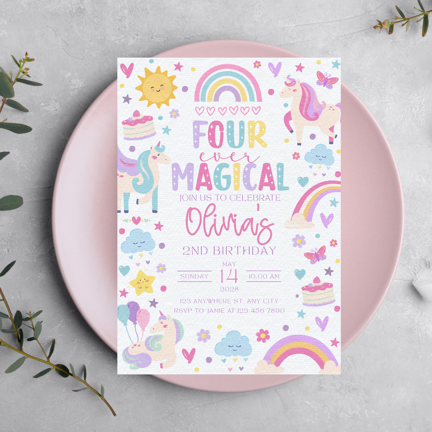 Four Ever Magical Unicorn Birthday Invitation | Canva Template