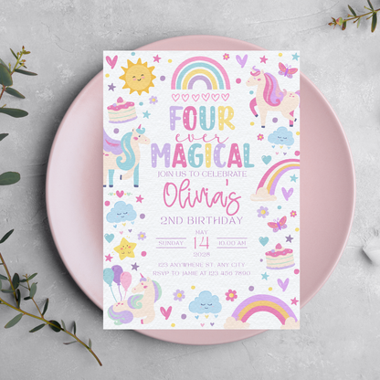 Four Ever Magical Unicorn Birthday Invitation | Canva Template