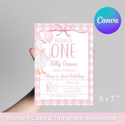 Editable Pink Goose Birthday Invitation | Silly Goose Party | Canva Template