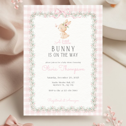 Little Bunny Baby Shower Invitation Template – Pink Gingham Floral Bunny Invite, Editable Digital Download