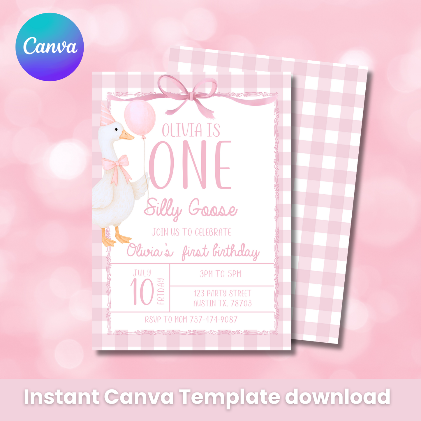 Editable Pink Goose Birthday Invitation | Silly Goose Party | Canva Template