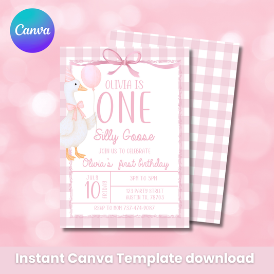 Editable Pink Goose Birthday Invitation | Silly Goose Party | Canva Template