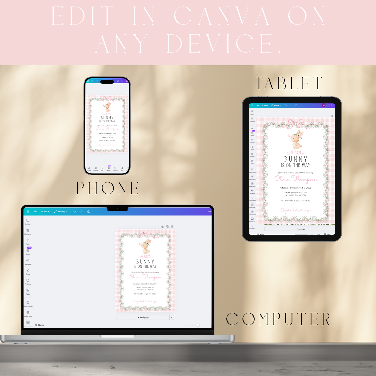 Little Bunny Baby Shower Invitation Template – Pink Gingham Floral Bunny Invite, Editable Digital Download