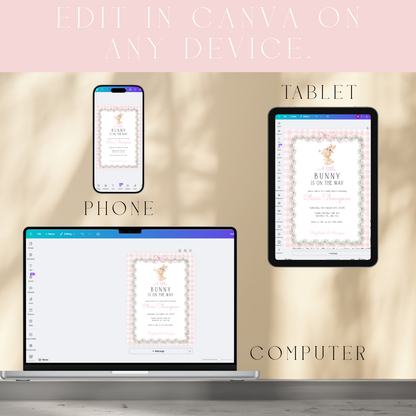 Little Bunny Baby Shower Invitation Template – Pink Gingham Floral Bunny Invite, Editable Digital Download