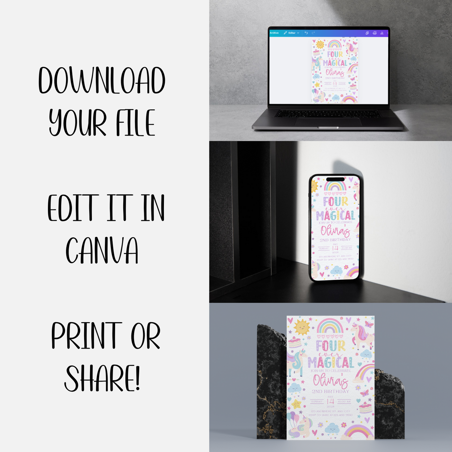 Four Ever Magical Unicorn Birthday Invitation | Canva Template