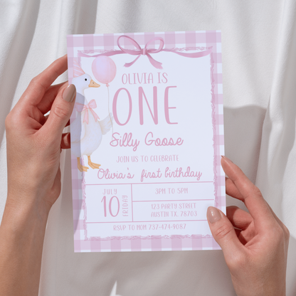 Editable Pink Goose Birthday Invitation | Silly Goose Party | Canva Template