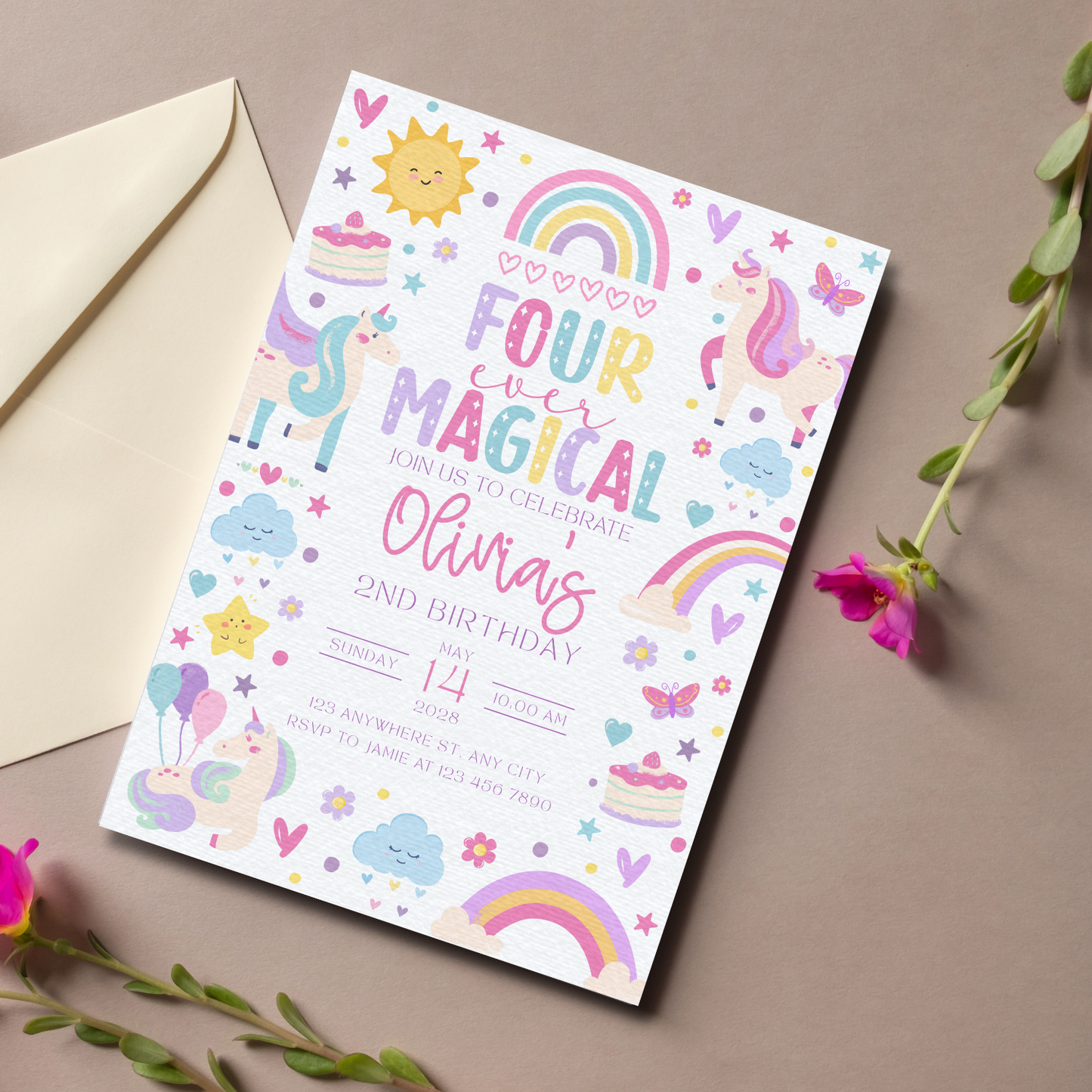 Four Ever Magical Unicorn Birthday Invitation | Canva Template