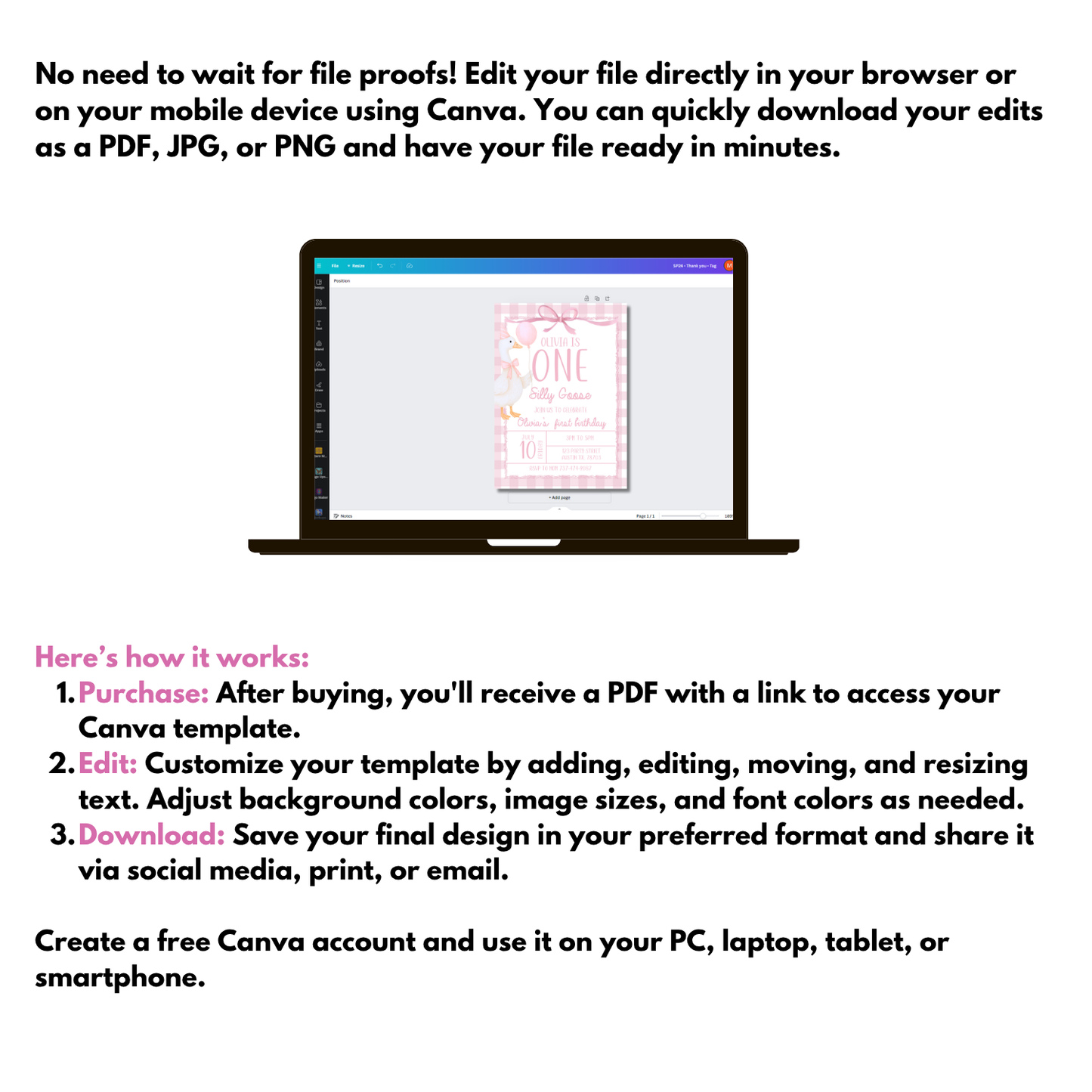 Editable Pink Goose Birthday Invitation | Silly Goose Party | Canva Template