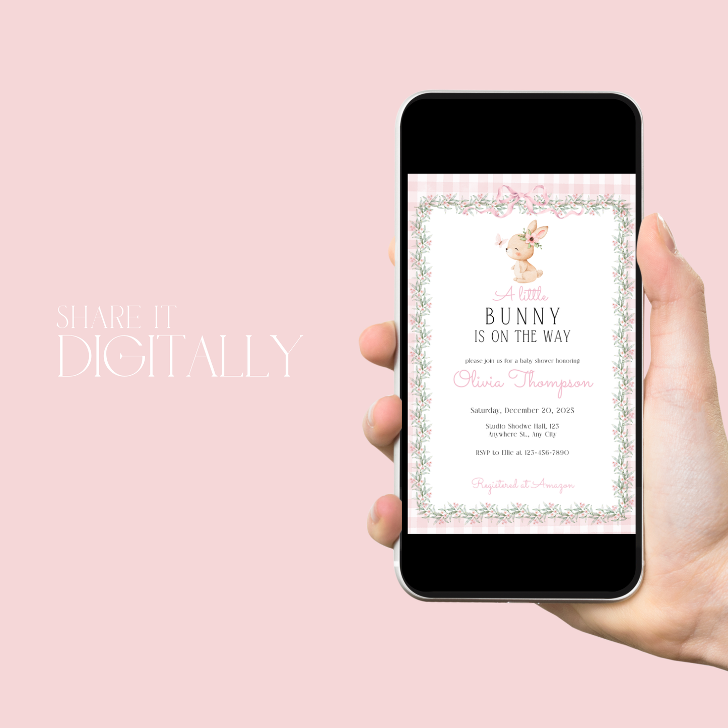 Little Bunny Baby Shower Invitation Template – Pink Gingham Floral Bunny Invite, Editable Digital Download