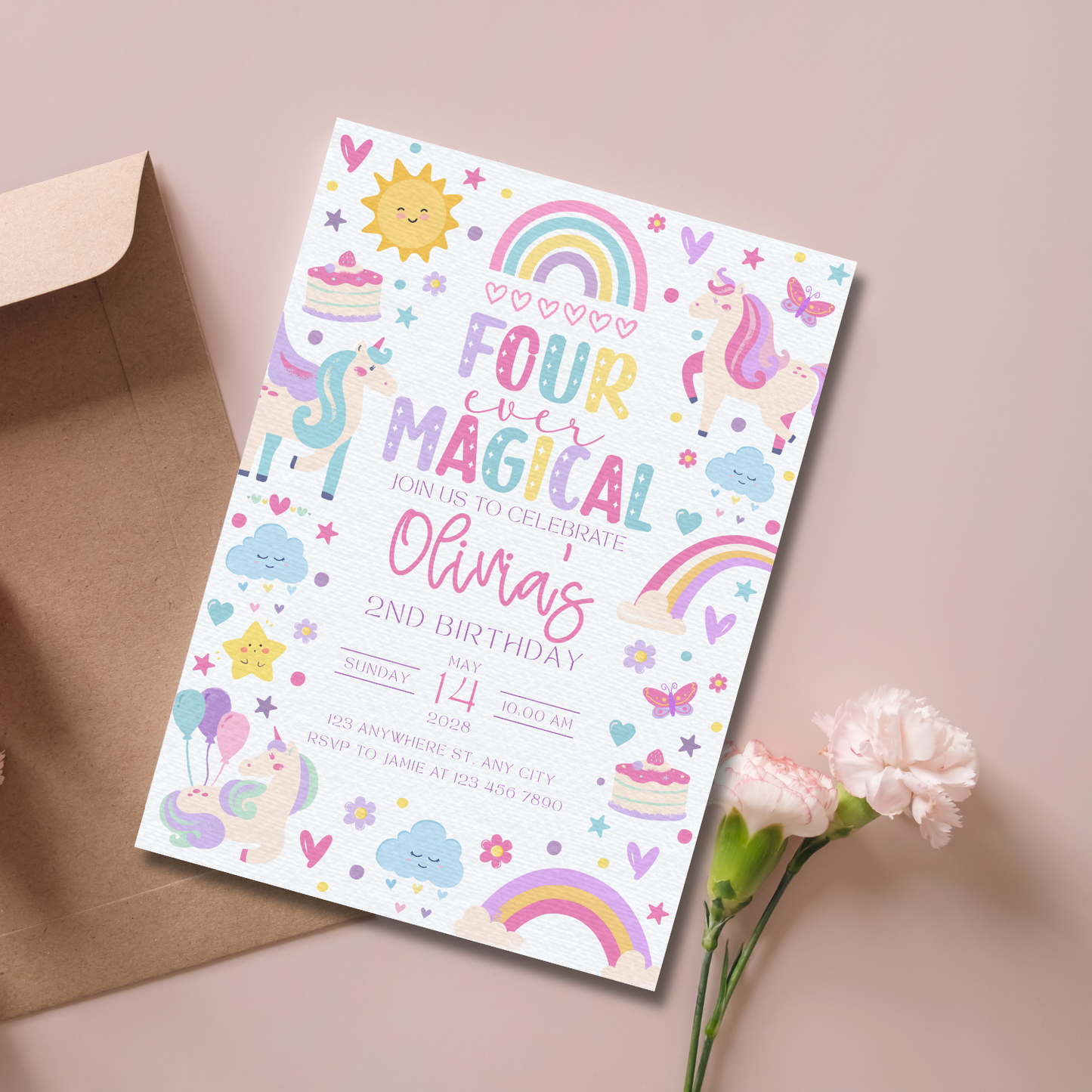 Birthday invitation card with colorful unicorn and rainbow designs on a pink background.