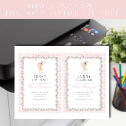 Little Bunny Baby Shower Invitation Template – Pink Gingham Floral Bunny Invite, Editable Digital Download