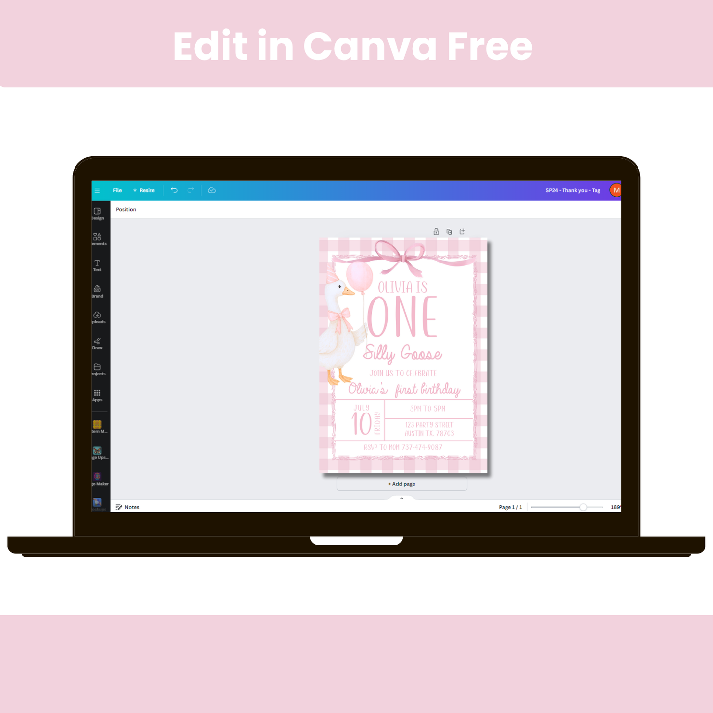 Editable Pink Goose Birthday Invitation | Silly Goose Party | Canva Template