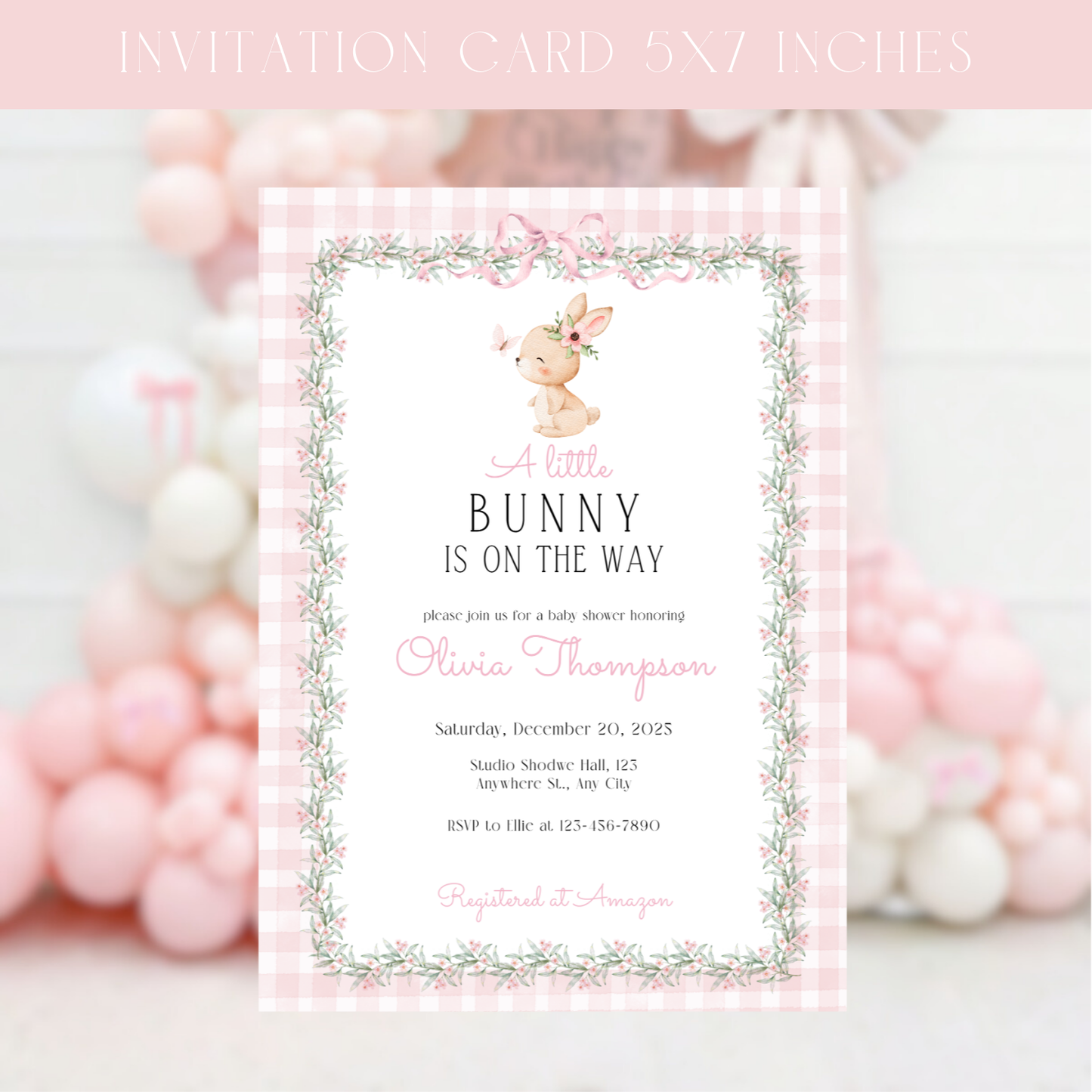 Little Bunny Baby Shower Invitation Template – Pink Gingham Floral Bunny Invite, Editable Digital Download
