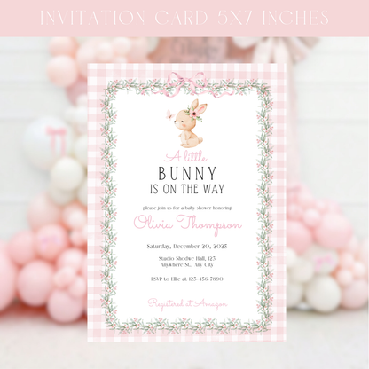 Little Bunny Baby Shower Invitation Template – Pink Gingham Floral Bunny Invite, Editable Digital Download
