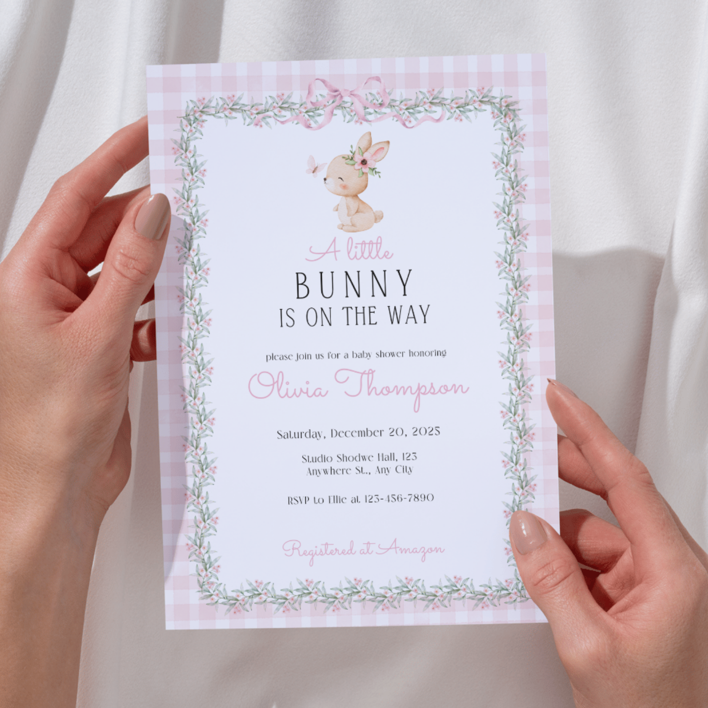 Little Bunny Baby Shower Invitation Template – Pink Gingham Floral Bunny Invite, Editable Digital Download