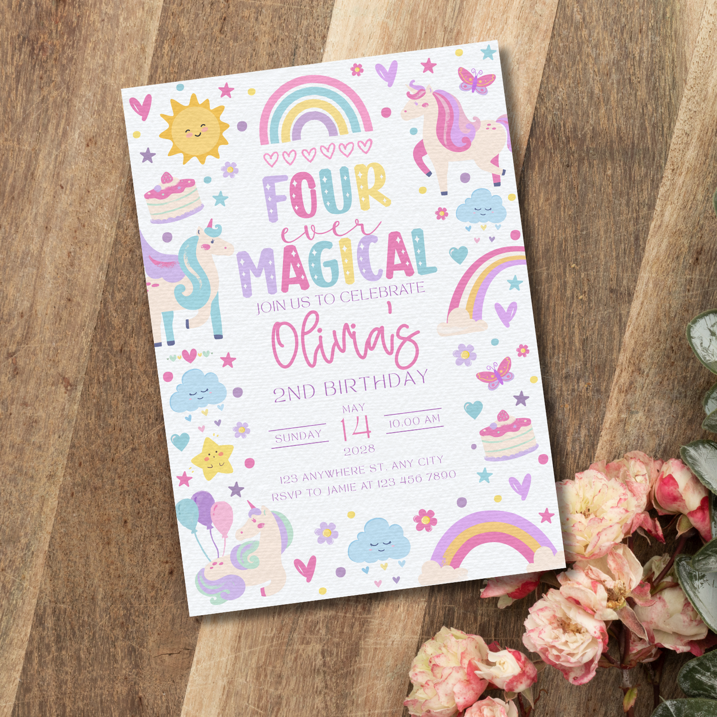 Four Ever Magical Unicorn Birthday Invitation | Canva Template
