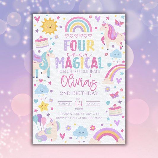 Birthday invitation card with unicorns, rainbows, and pastel colors on a purple background.