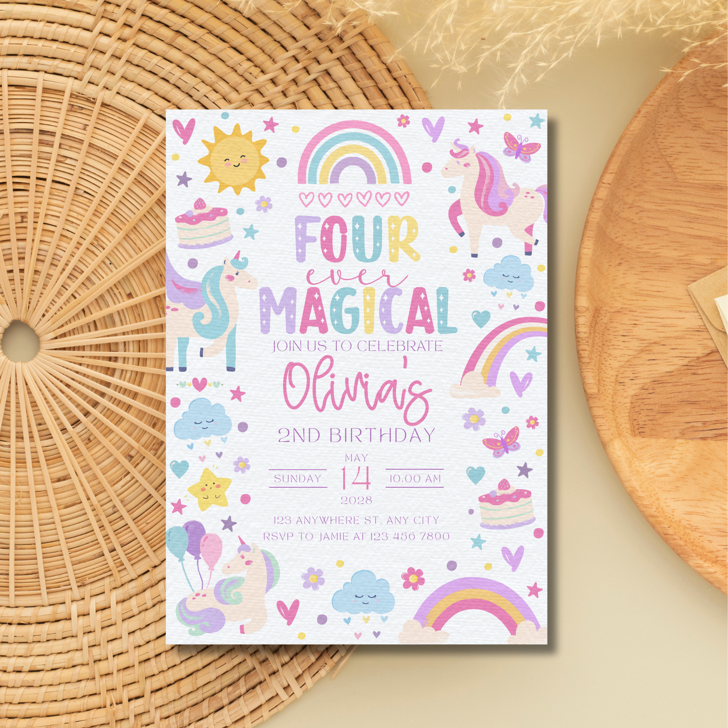 Birthday invitation card with unicorns, rainbows