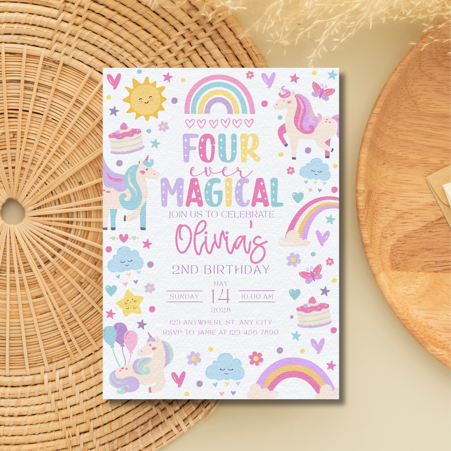 Birthday invitation card with unicorns, rainbows