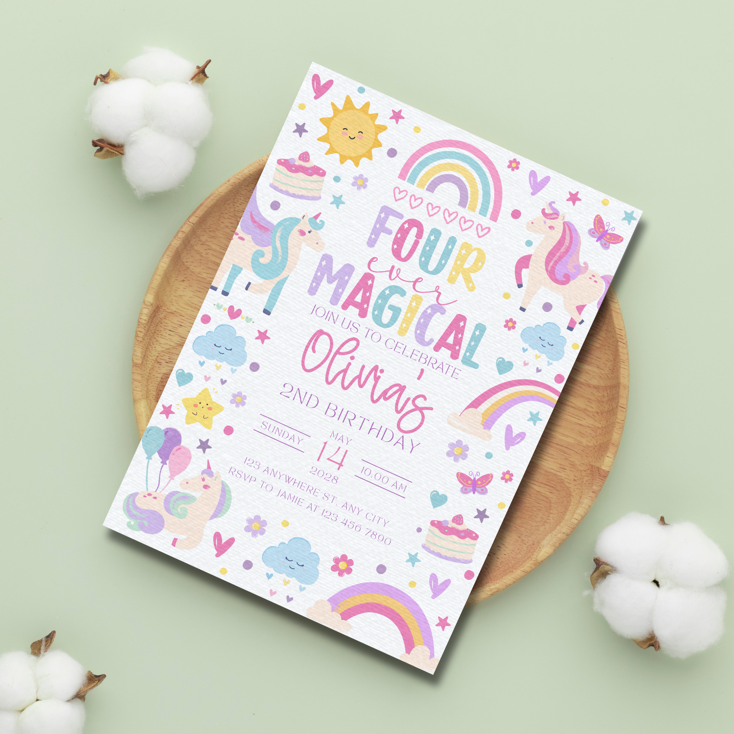 Colorful birthday invitation card with rainbow, unicorn.